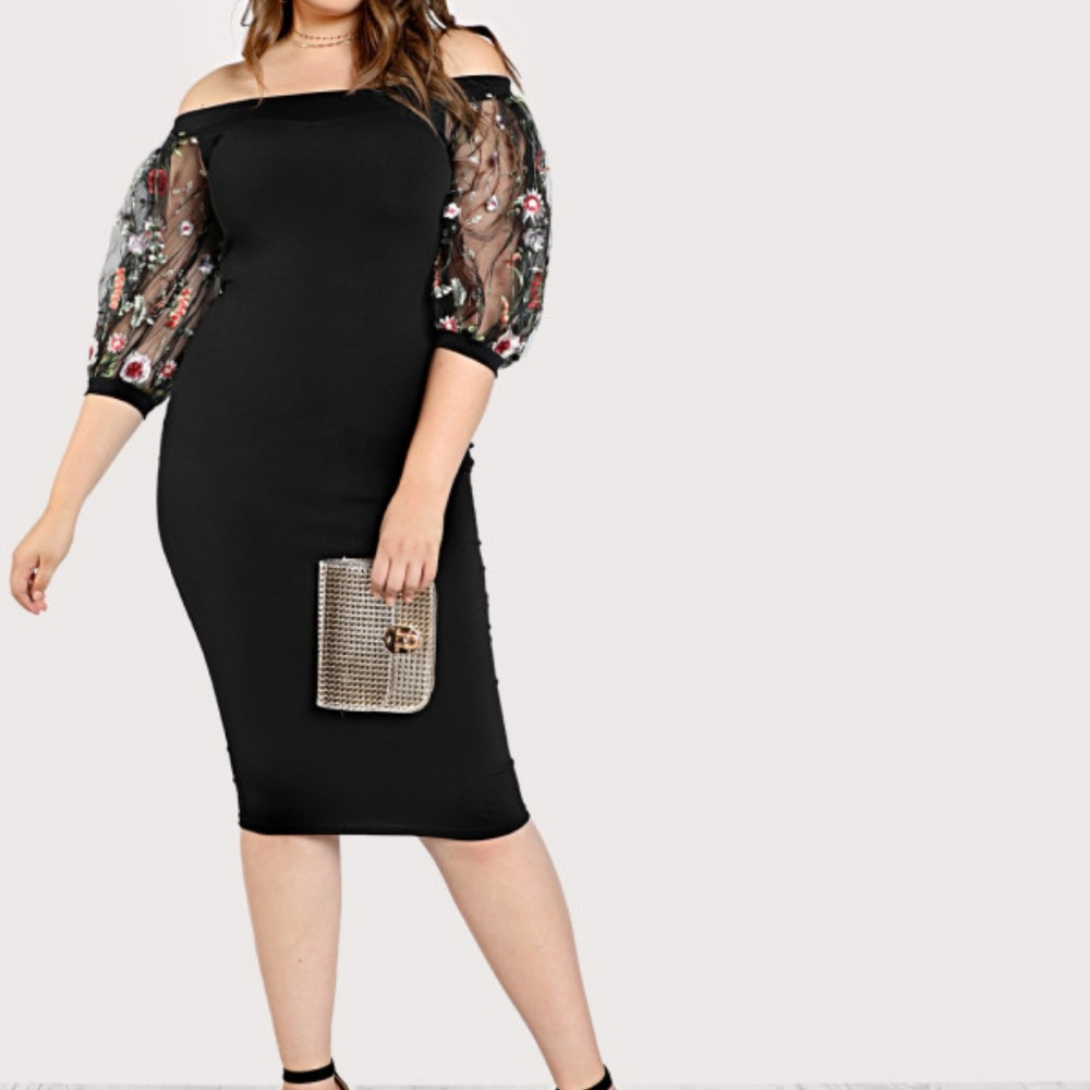 Pencil Dress With Floral Mesh Sleeves